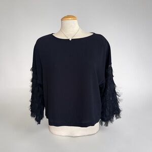 H&M Navy Blue Blouse Too with Feathered Fringed Sleeves